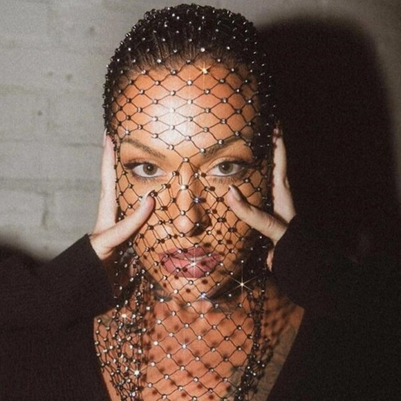 New Unique Black Mesh Face Mask / Headpiece Crystal Body Jewelry - Picture 4 of 16